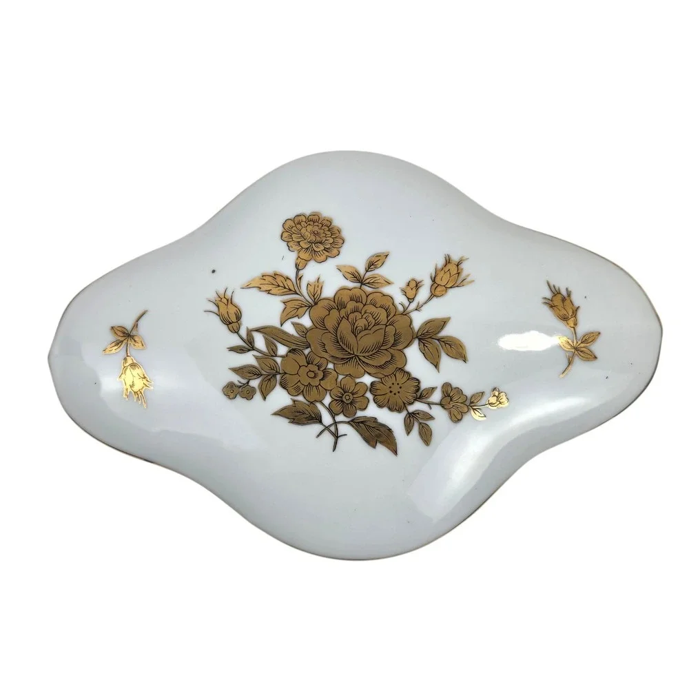 Vtg Porcelain Arnart Creation Trinket Vanity Dish w Gold Leaf Rose & Trim Japan